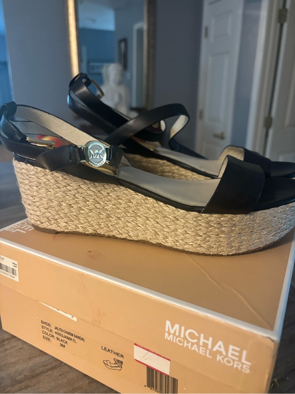 MICHAEL Michael Kors Black Leather Espadrille Wedge Sandals